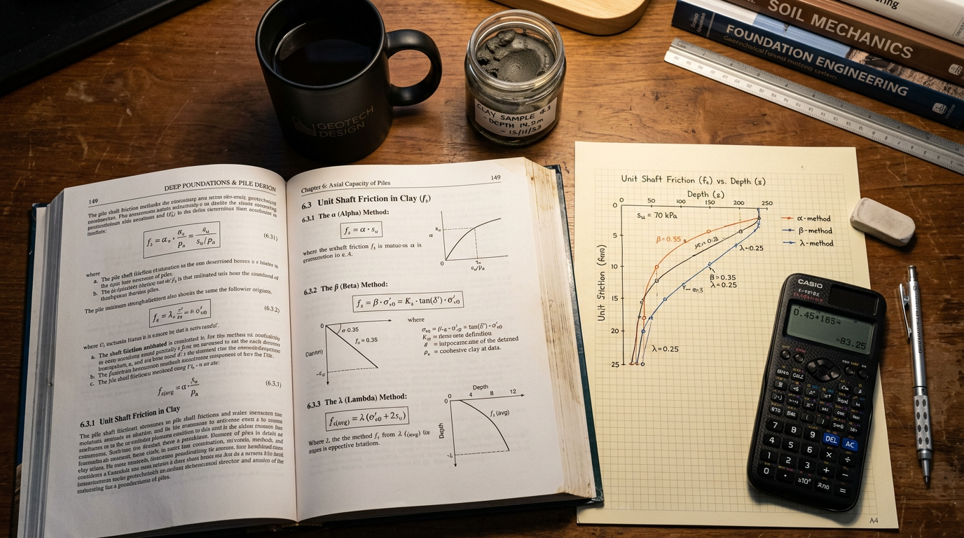 Open geotechnical engineering textbook showing the α, β and λ method equations for pile shaft friction alongside a graph paper plot of unit friction vs depth.