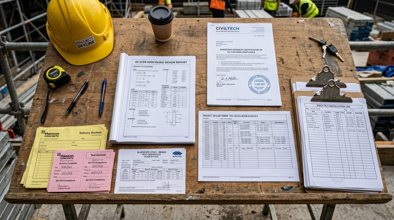 AS 2159:2009 compliance pack laid out on a construction site foldable desk — design report, pile schedule, daily install log, chartered engineer certification, concrete dockets, steel mill certificate.