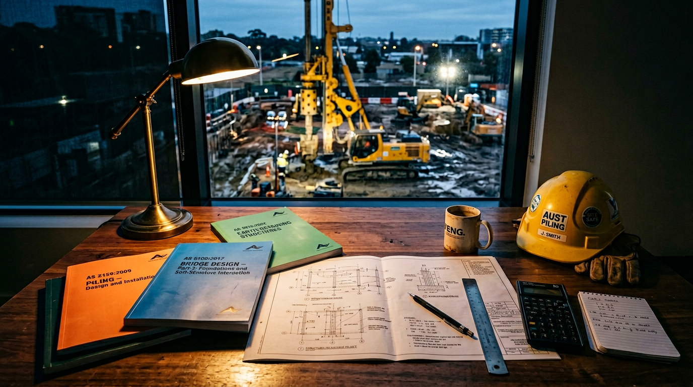 Stack of Australian Standards documents (AS 2159, AS 5100, AS 4678) and structural drawings on an engineer's desk with a piling rig visible through a window.