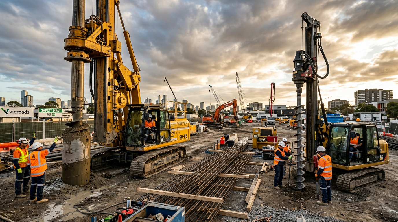 A large rotary bored piling rig and a compact screw-pile rig working on the same Victorian civil construction site.