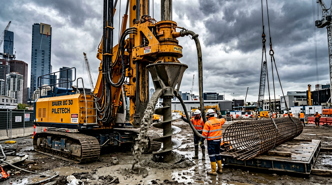 Bauer BG-series CFA rig installing a continuous flight auger pile on a Melbourne construction site with reinforcement cage staged alongside.