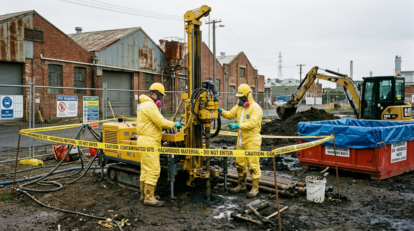 Workers in full PPE and respirators drilling on a Melbourne brownfield site with contaminated-soil caution tape and lined skip bins.