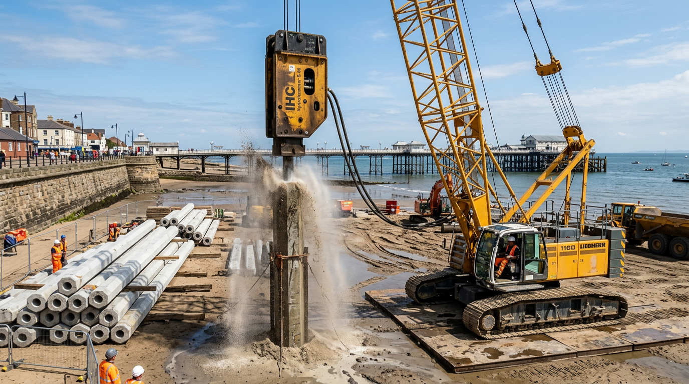 Hydraulic hammer on a lattice boom crawler crane driving a hexagonal precast concrete pile on a Victorian foreshore site with stacked piles in the foreground.