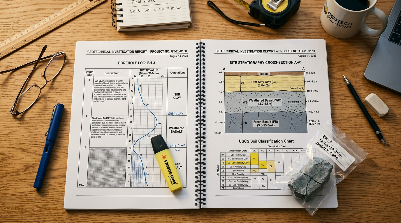 Open geotechnical investigation report showing a borehole log with SPT results, a site stratigraphy cross-section and a soil classification chart on an engineer's desk.
