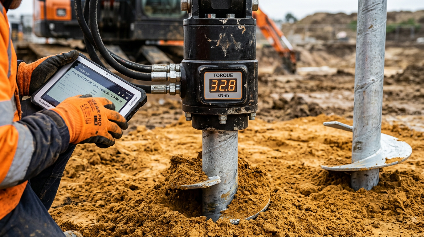 Digital torque indicator on a hydraulic drive head during installation of a galvanised helical screw pile on a Victorian construction site.