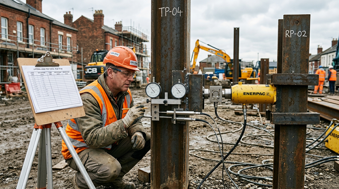 Engineer performing a lateral load test on a steel pile head with a hydraulic jack and dial gauges, adjacent piles acting as reaction piles.