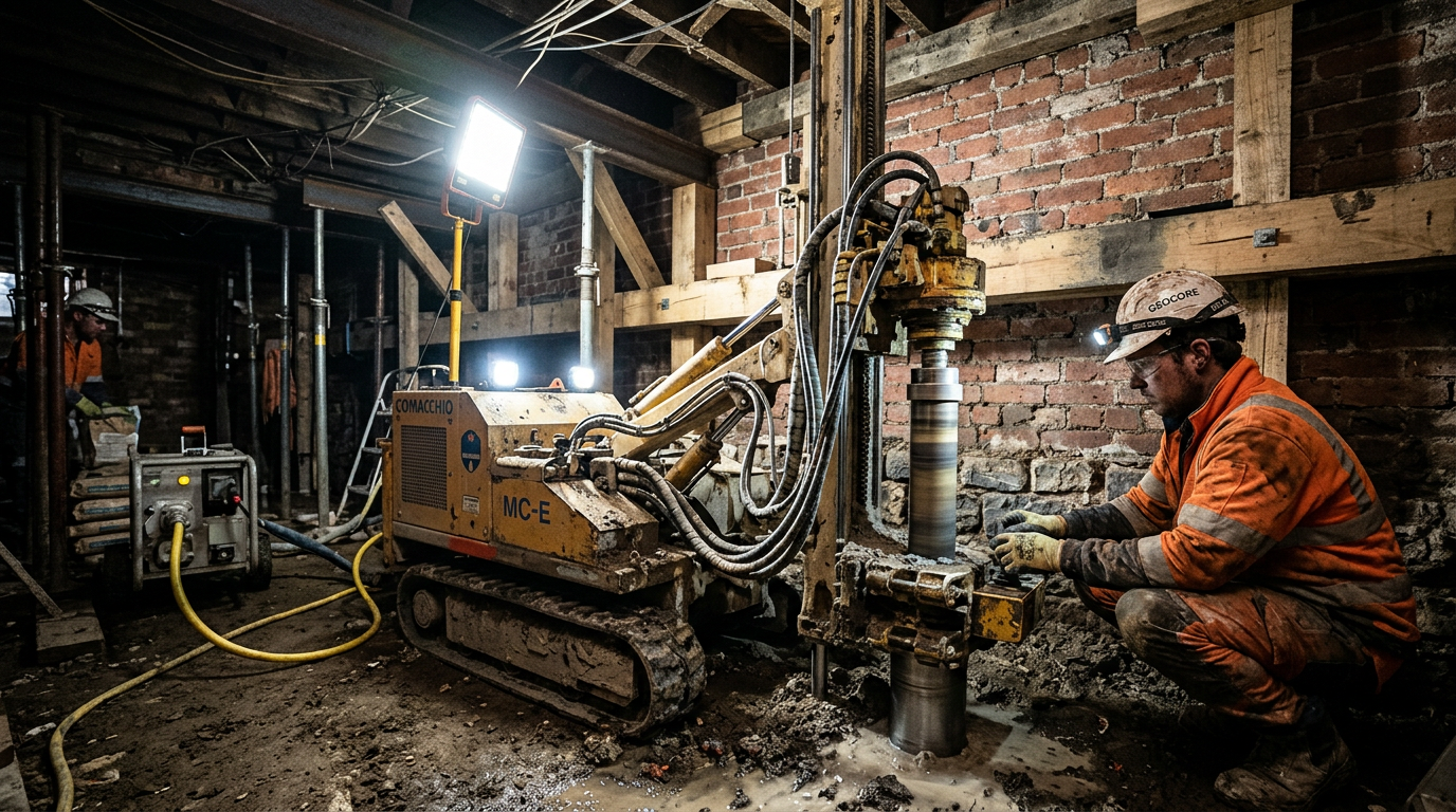 Compact tracked rig drilling a 250 mm micropile inside the crawl space beneath a Melbourne heritage terrace house for underpinning works.