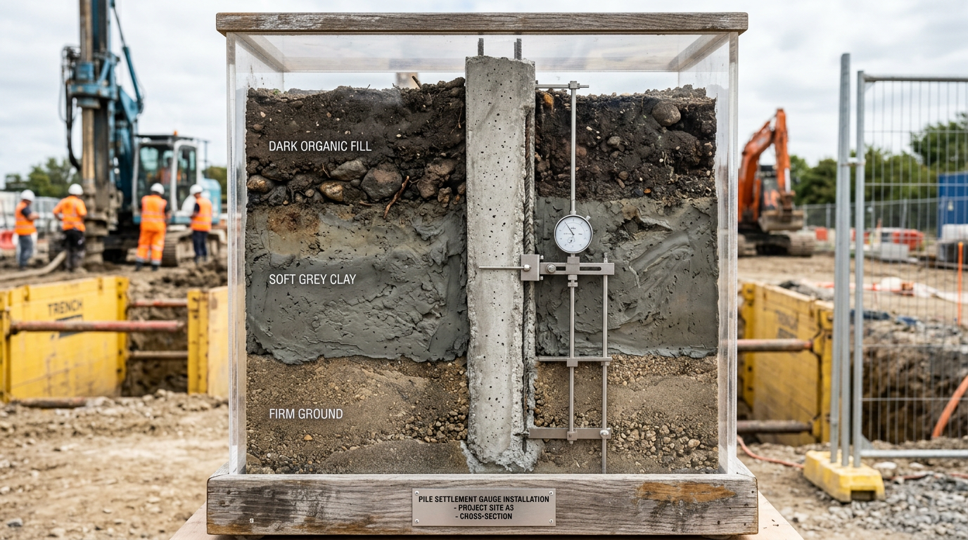 Cross-section display of soft grey clay above firm ground with a concrete pile extending through both, showing a pile-shaft settlement gauge for monitoring downdrag.