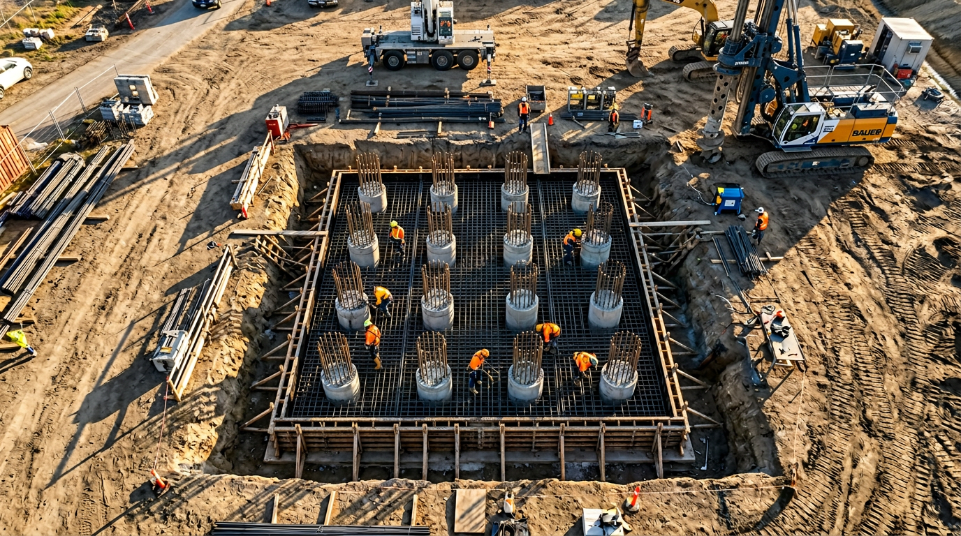 Aerial view of a 4×4 bored pier group with reinforcement cages protruding through a pile cap reinforcement slab on a Victorian civil site.