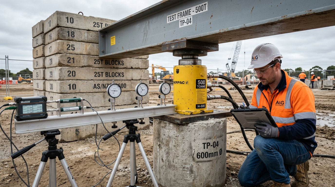 Static pile load test rig with hydraulic jack, reaction beam, dial gauges and kentledge concrete blocks on a Victorian construction site.