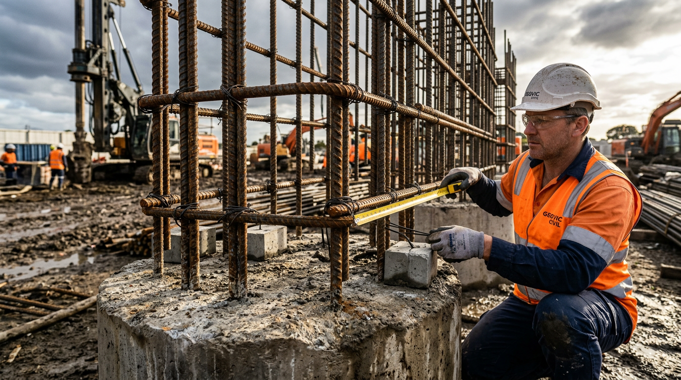 Close-up of pile-cap reinforcement starter bars protruding from a 900 mm concrete bored pile with an engineer measuring the lap length using a tape.
