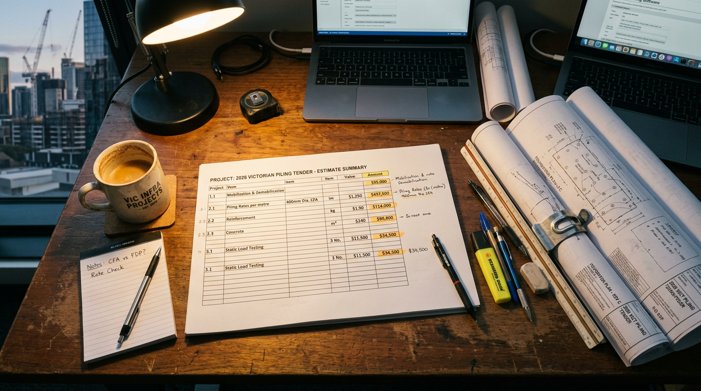 Estimator's desk with a 2026 Victorian piling tender summary, structural drawings, and a calculator showing cost-breakdown items.