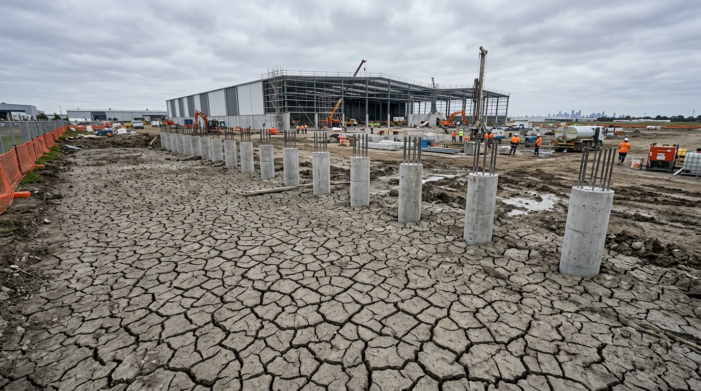 Dry polygonal cracks across reactive basaltic clay on a Melbourne western suburbs construction site with concrete bored piers being installed.