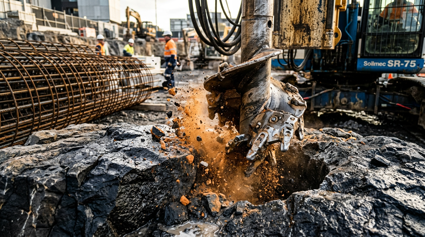 A rotary piling auger with cutting teeth drilling into fresh Victorian basalt, orange rock dust erupting from the hole.