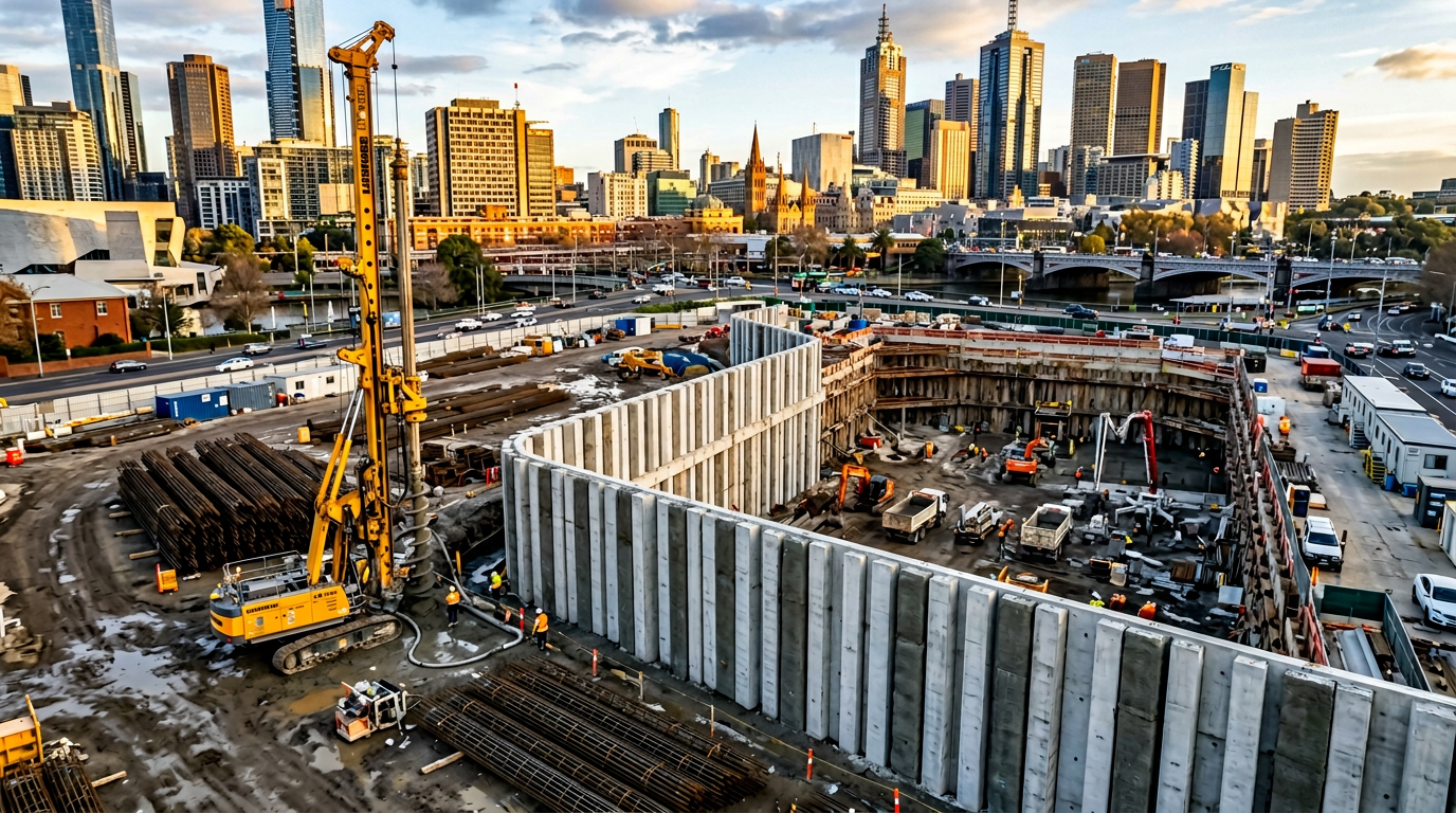 Aerial view of a secant pile wall under construction for a Melbourne CBD basement, with primary and secondary piles forming a continuous interlocking wall.