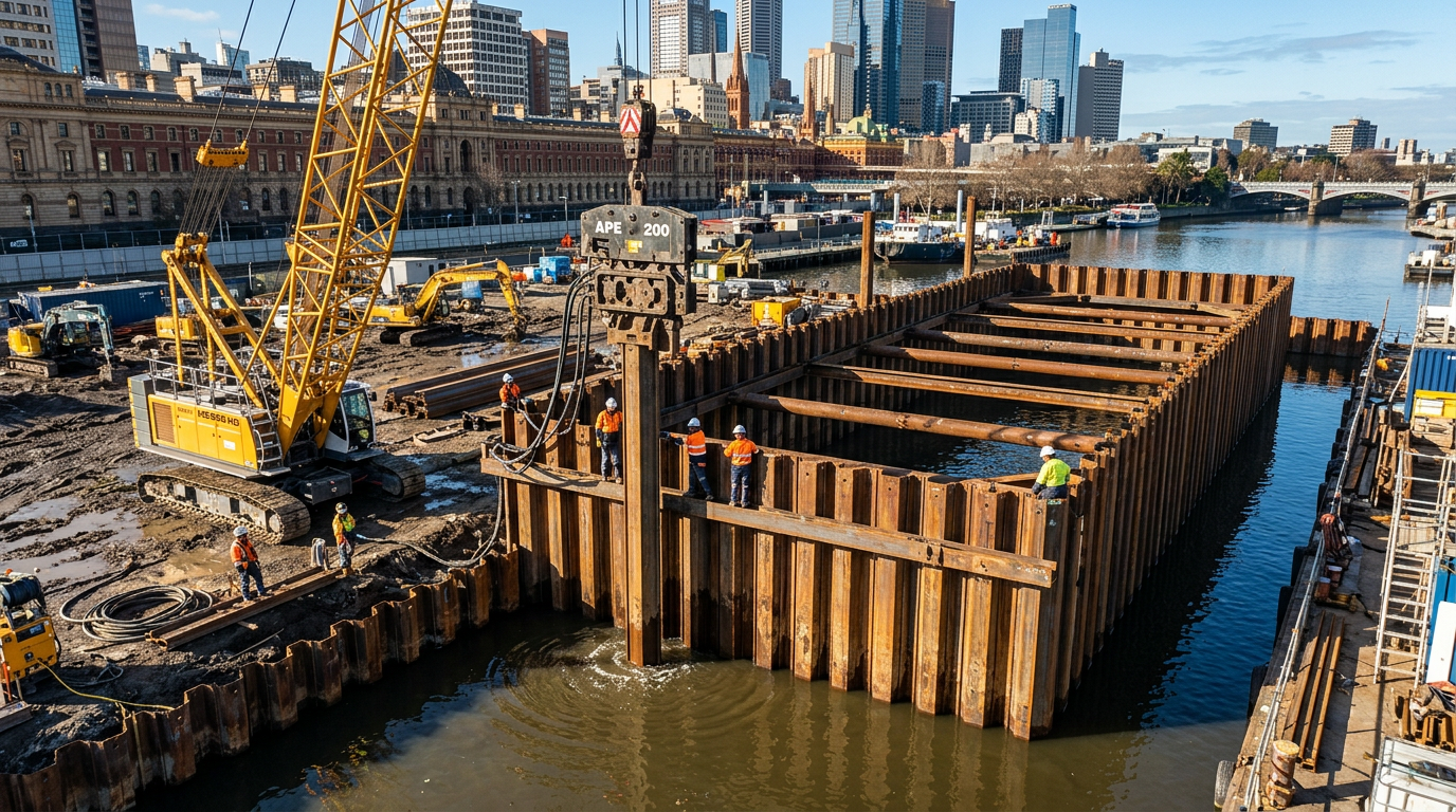 A rectangular steel sheet-pile cofferdam under construction on the Yarra River waterfront with Melbourne CBD skyline in the background.