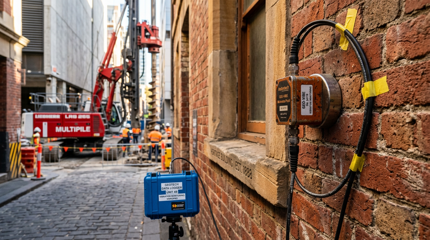 Geophone vibration sensor magnetically attached to the brick facade of a heritage Melbourne building with a piling rig operating in the background.