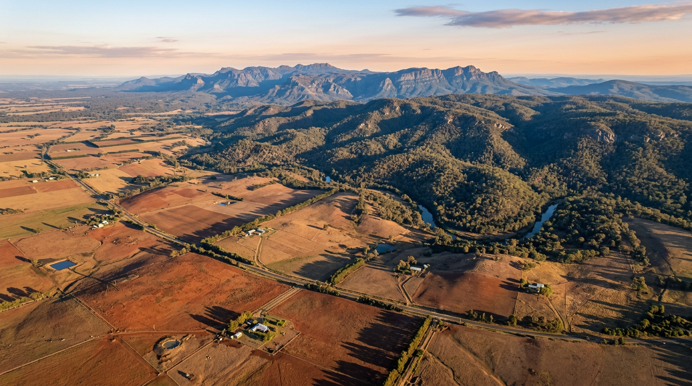 Aerial view of Victorian countryside showing geological variety — basalt plains, eucalyptus woodland and the Grampians mountain range in the distance.
